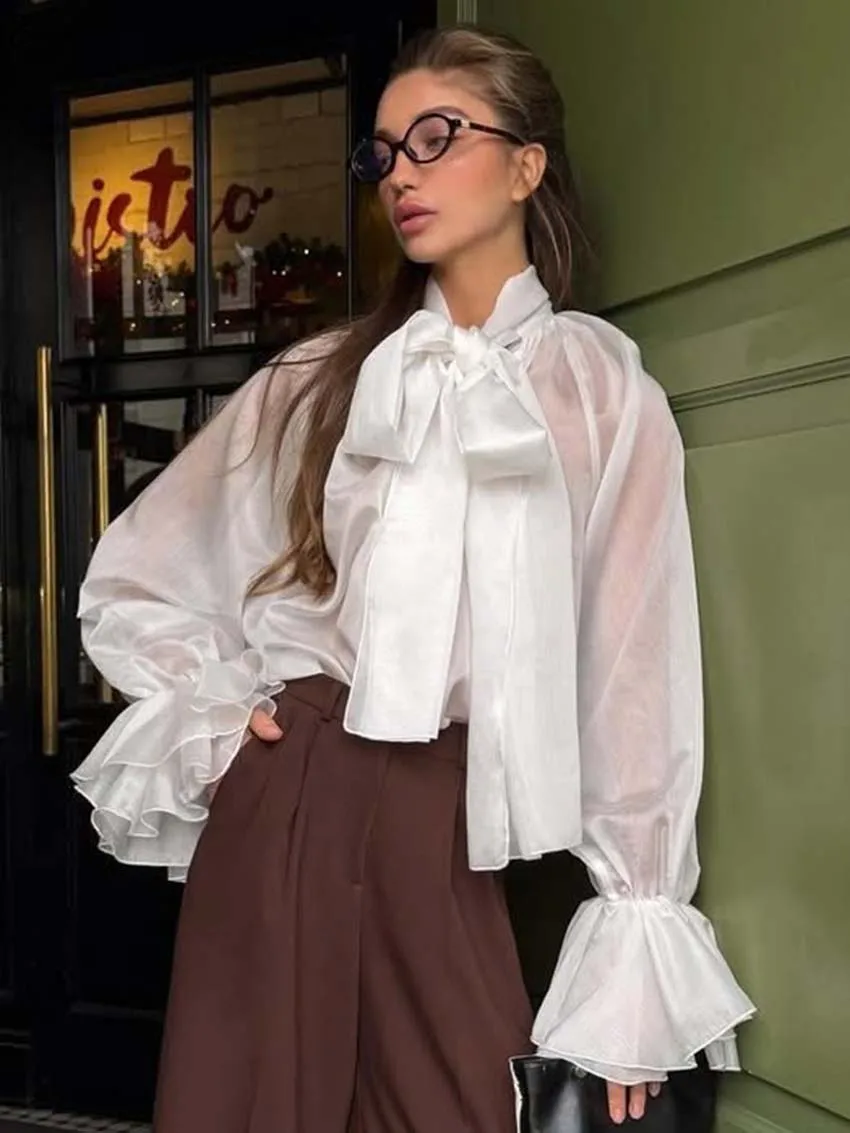

Oymimi Elegant White Lace-Up Women's Shirt Fashion Translucent Long Sleeve Blouses Casual New Loose Solid Shirts Female Clothing
