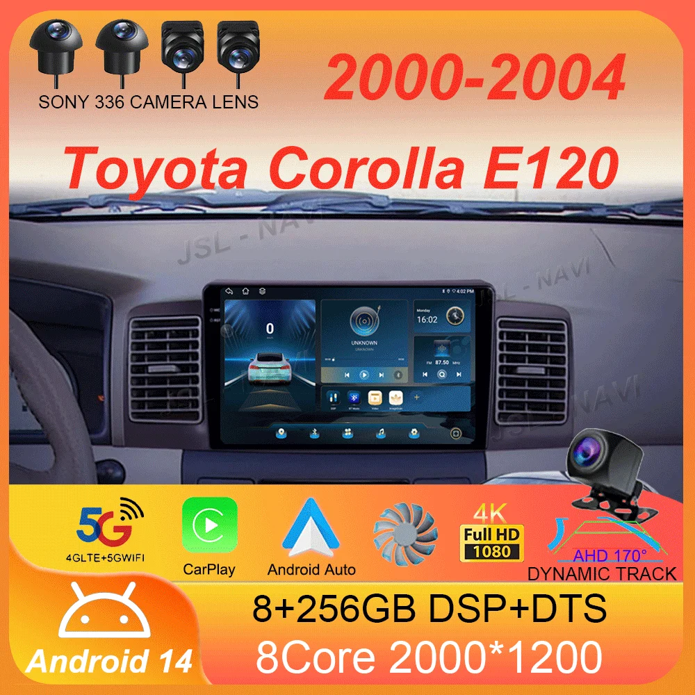 

For Toyota Corolla E120 2000 - 2004 Car Radio Android 14 Carplay Multimedia navigation video DVD Autoradio Stereo 2din 4G+wifi