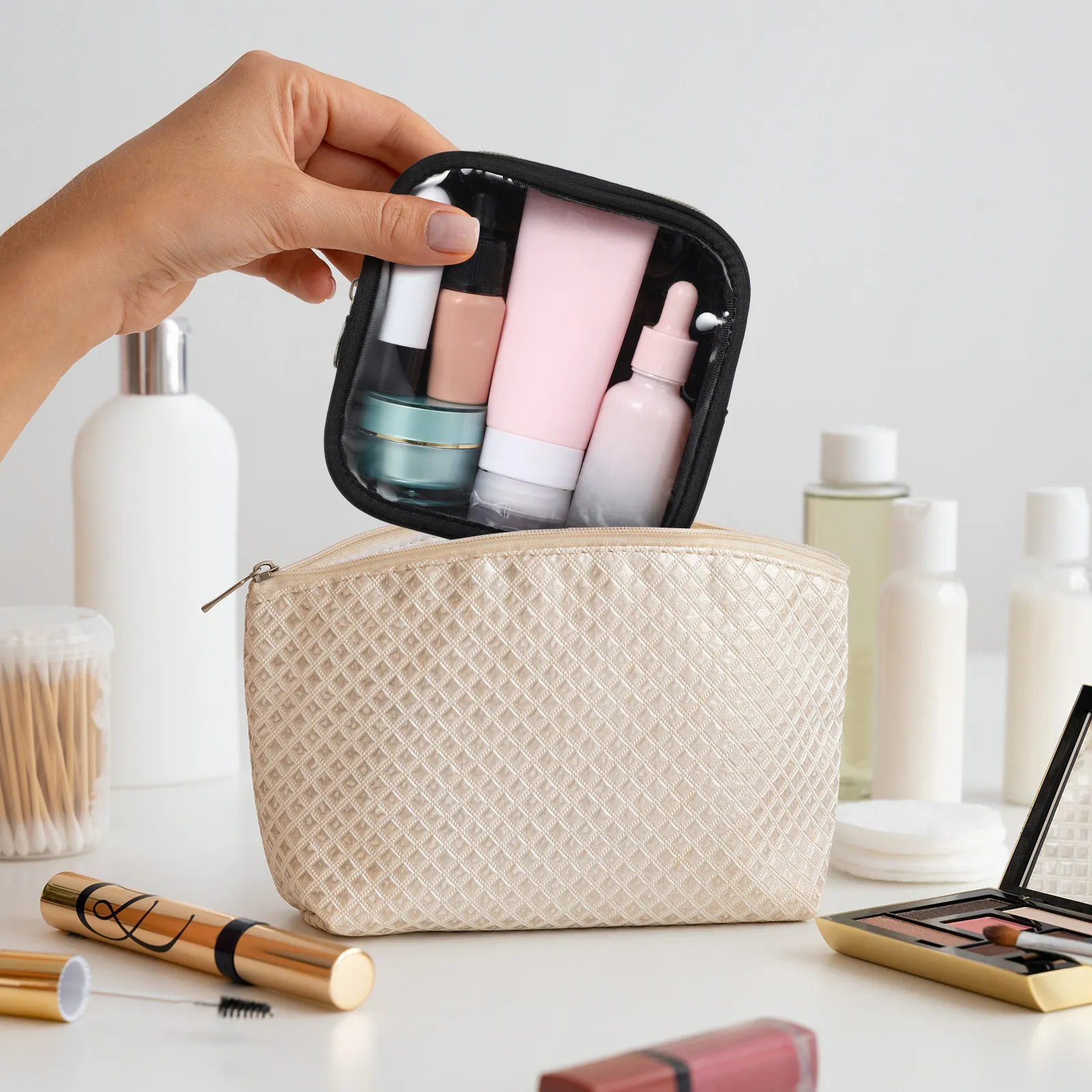 

Mini Travel Makeup Bag Clear View Front Pocket Compact Organizer Pouch for Toiletries Earphones Small Zippered Storage