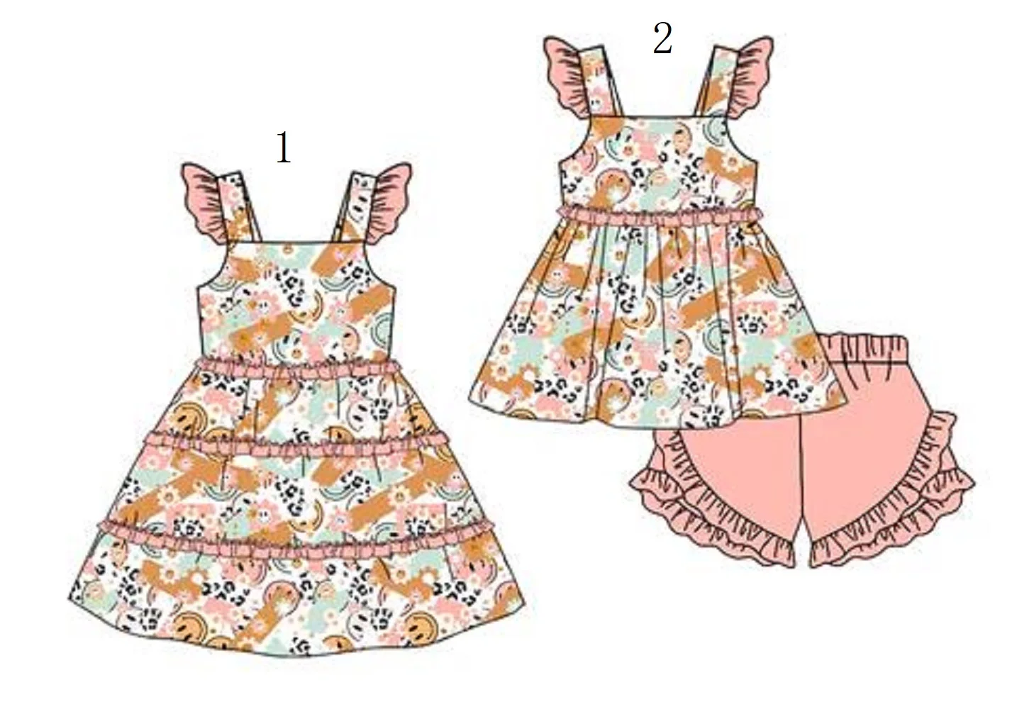 

Hot Sales Boutique Baby Girls Pink Smile Leopard Ruffles Summer Dress Shorts Sets Custom Wholesale