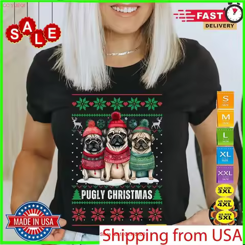 Pug Christmas T Shirt Lover Pugly Funny vintage Washed Slightly Stretched Unisex Breathable Casual streetwear Comfortable
