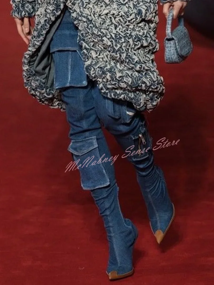 

Denim Pocket Straps Boots Pointy Toe Stiletto Heels Solid Thigh High Boots Side Zipper Women Sexy Style Shoes Winter Runway New