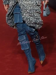 Denim Pocket Straps Boots Pointy Toe Stiletto Heels Solid Thigh High Boots Side Zipper Women Sexy Style Shoes Winter Runway New