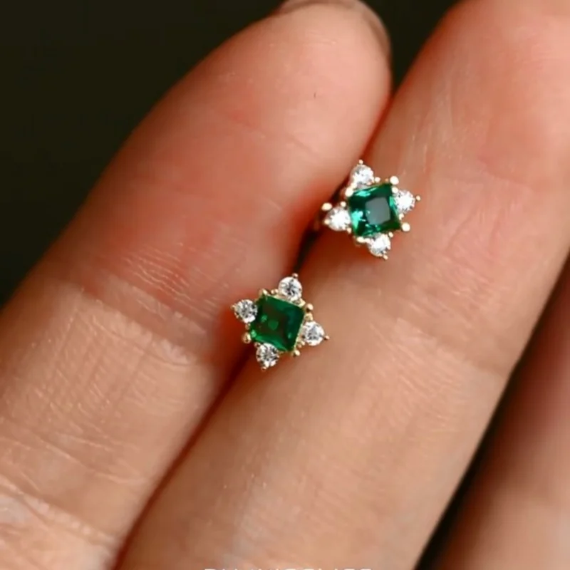 925 Silver Needle Plated Gold Inlaid Green Zircon Stud Earrings for Women Vintage Jewelry