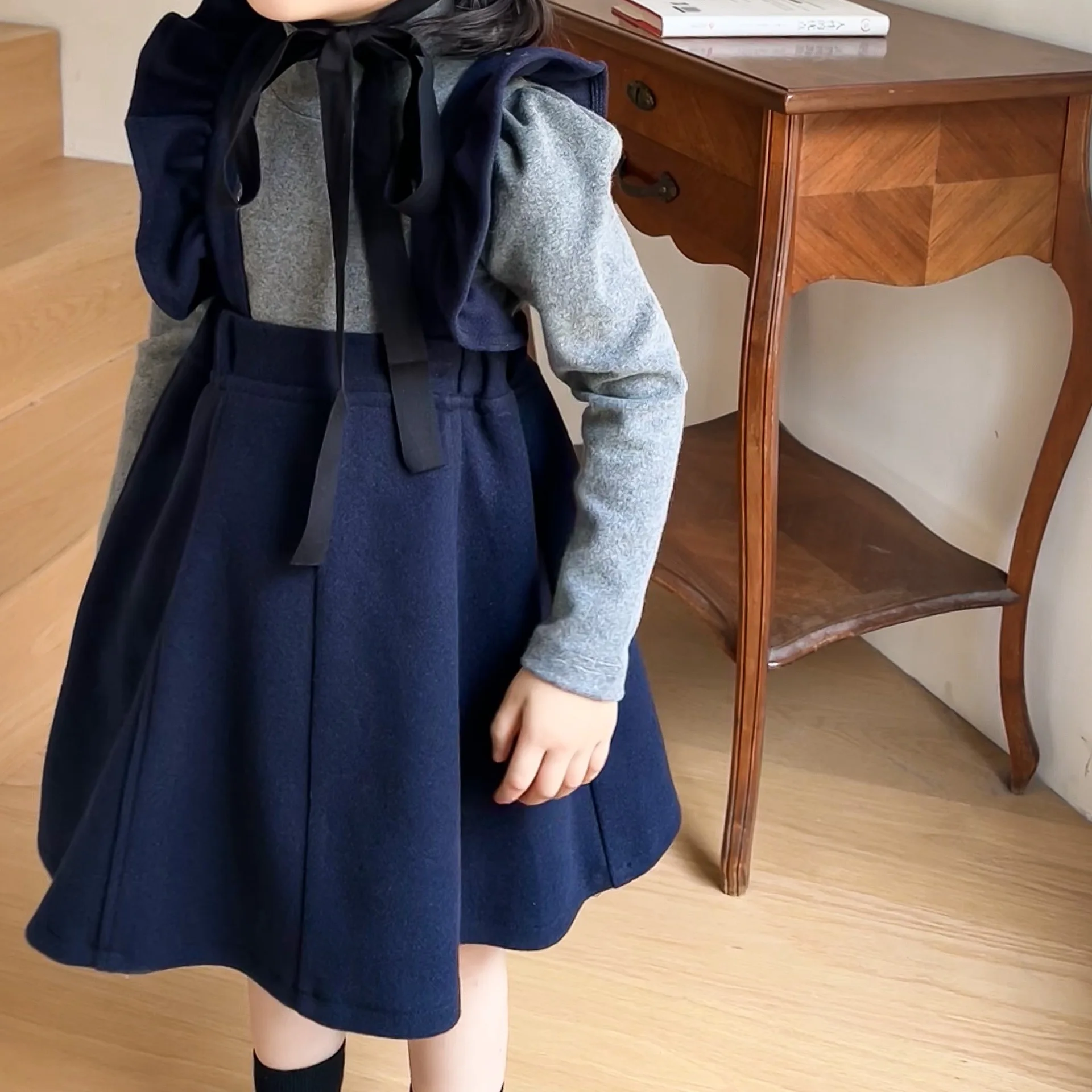 

Girl Dress 2023 New Autumn Winter Retro Style Solid Overall Dress Girl Lacework Woolen Skirt Girls Casual Dresses Kid Clothes