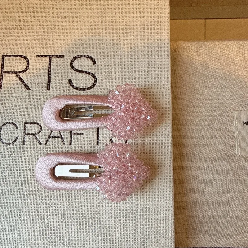 

7cm Korean Sweet Crystal Heart Hair Clips, Elegant Peach Pink Satin Side Barrettes, Fashion Hair Accessories for Girls