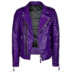 Purple Men's Leather Jacket Genuine Soft Sheepskin Handmade Motorcycle Rider Fashion Trend