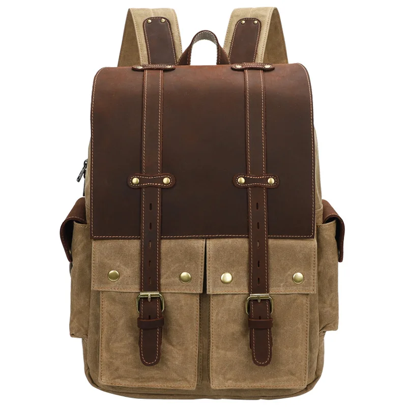 Men's canvas backpack large capacity 15 inch computer bag Crazy horse leather travel backpack lightweight waterproof