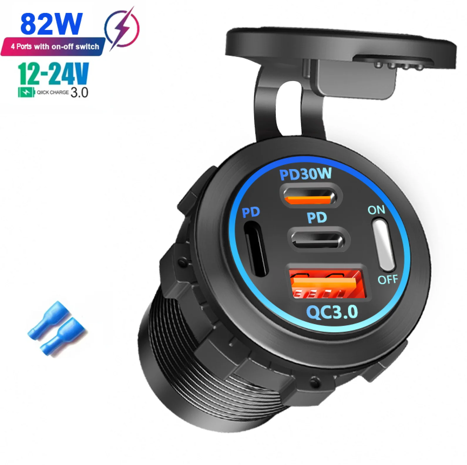 Autolader Socket Dual Type-C & Dual USB 4 Poorten Snel Opladen Socket Waterdicht met Voltmeter 12 V/24 V Voor Auto Boot Motor