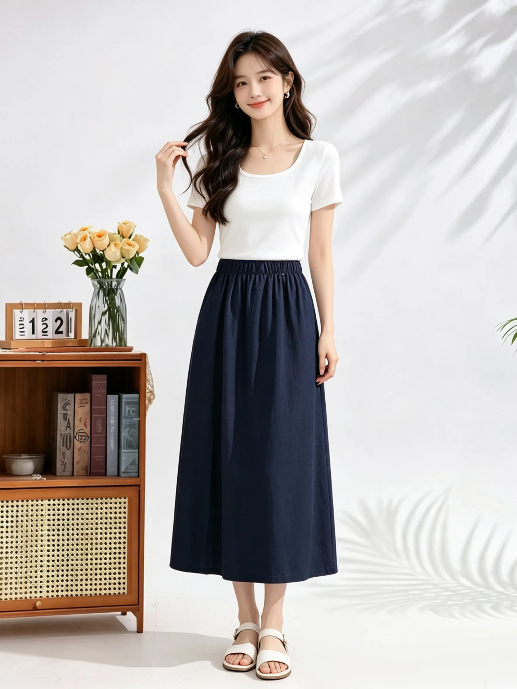 

High Waist Elastic Skirt Korean Style Loose Fit Summer Design Sensation Straight Cut mid Length Skirt Skin Friendly Drapey Split