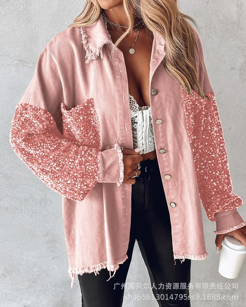 Elegant Cardigan Coat Outwear Single Breasted Shirt Coats Women Long Sleeve Sequin Stitching Pockets Shirt Jackets