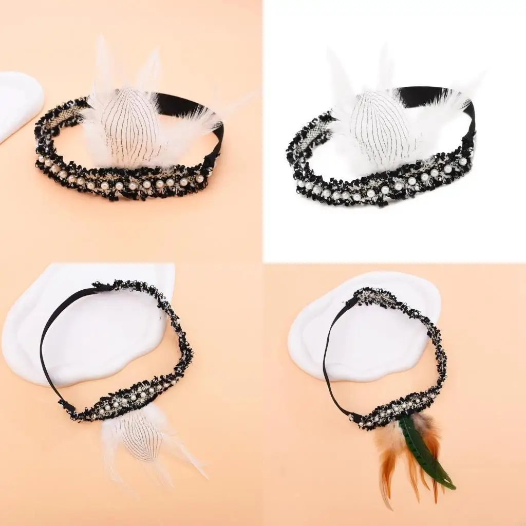 72xe 1920s แถบคาดศีรษะ Flapper, แถบคาดศีรษะไข่มุกขนนกวินเทจ, เครื่องประดับผม 20s สำหรับ Gatsby Prom, งานแต่งงาน, งานรื่นเริง,