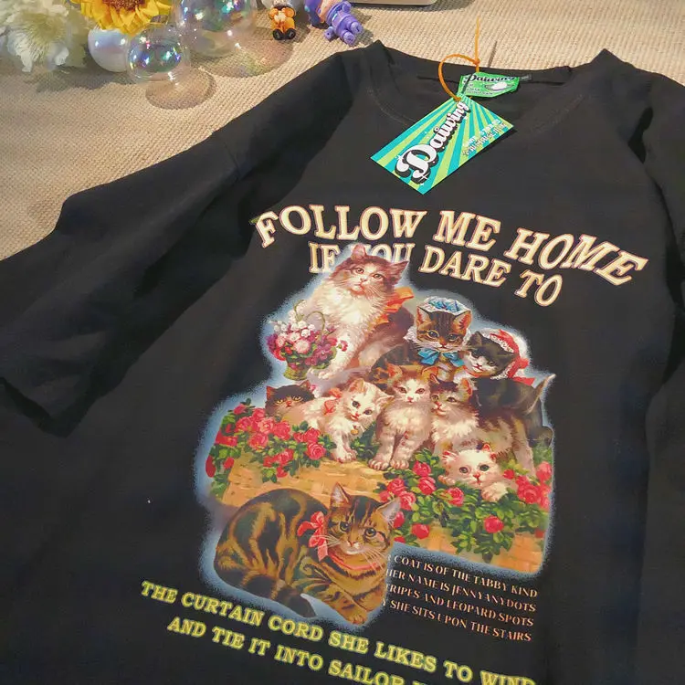 التي شيرت امرأة المتضخم القمم 2022 ريترو لطيف القط طباعة المرأة تي شيرت الأوروبي قصيرة الأكمام س طوق فضفاض دنة الإناث تي شيرت