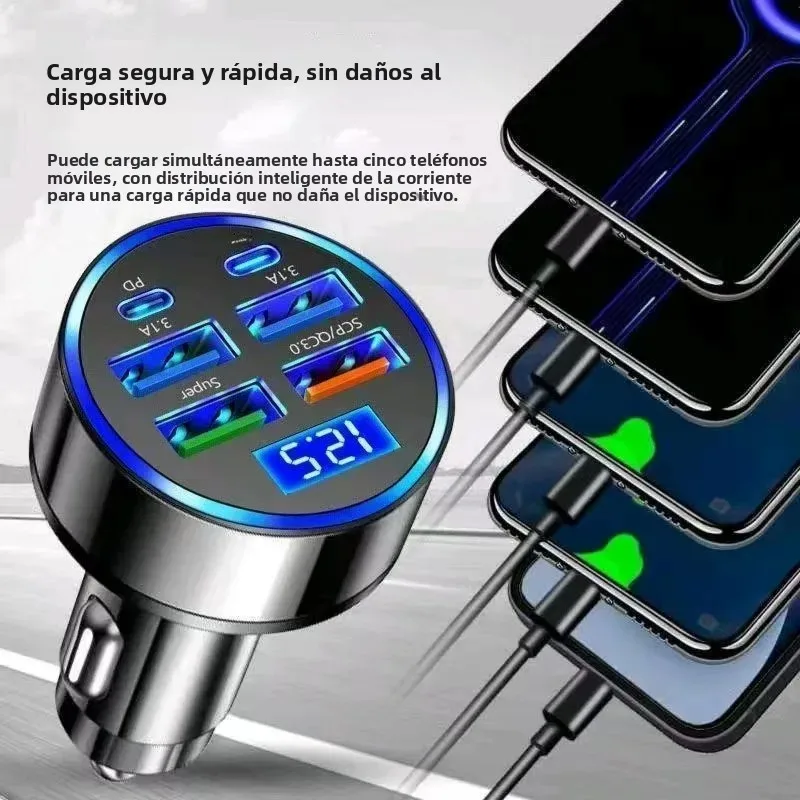 Cargador de coche de carga súper rápida, 6 puertos con pantalla de voltaje, adaptador de encendedor de cigarrillos USB QC3.0 PD para iPhone, Samsung, Xiaomi