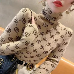 Women Clothing Slim Knittwear Tops Winter Chic Y2k Jacquard Turtleneck Jumpers Elegant Vintage Elasticity Comfortable Sweaters