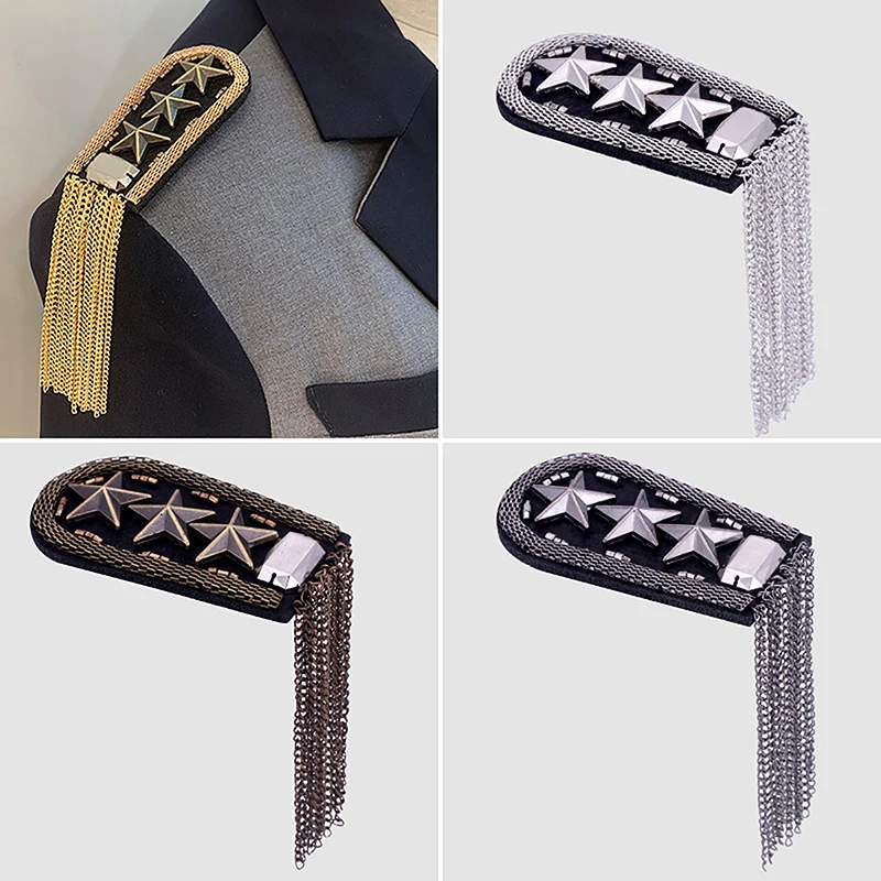 1Pc Vintage Five Star Tassel Chain Epaulet Fabric Metal Bead Shoulder Board Badge Military Brooch Pin Medal Decor For Uniform