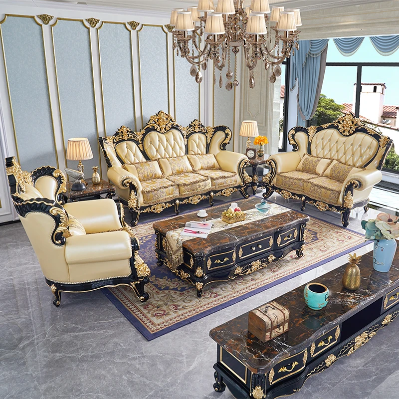 European style leather sofa combination living room large solid wood carved top layer cowhide furniture set