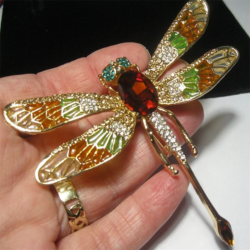 New Empty Window Enamel Dripping Oil Large Size Dragonfly Pin Brooches for Women Personality Rhinestone Insect Pins Jewelry Gift