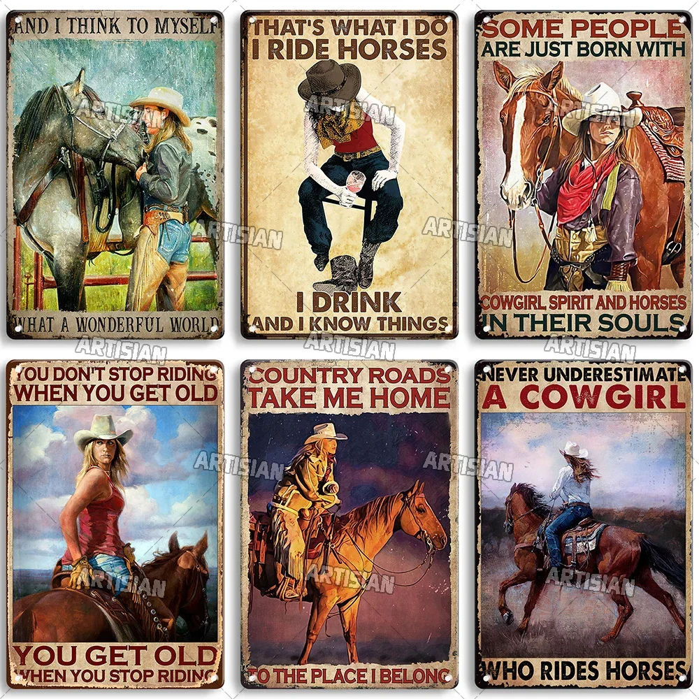 Artisian Ride Horse Metal Poster Cowgirl Cowboy Tin Plate Horse Racing Decorative Sign Wall Decor Garage Bar Pub Club Hotel Cafe