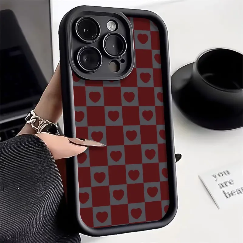 Cute Love Heart lattice Silicone Phone Case For iPhone 15 14 13 12 11 Pro Max XS XR X 7 8 Plus SE Bumper Soft Protectiou cover