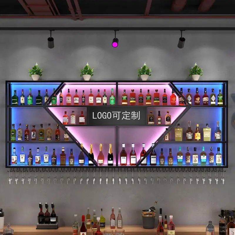 Bar bar display cabinet, integrated wine cabinet, wall-mounted wine rack, wall-mounted colored wrought iron shelf