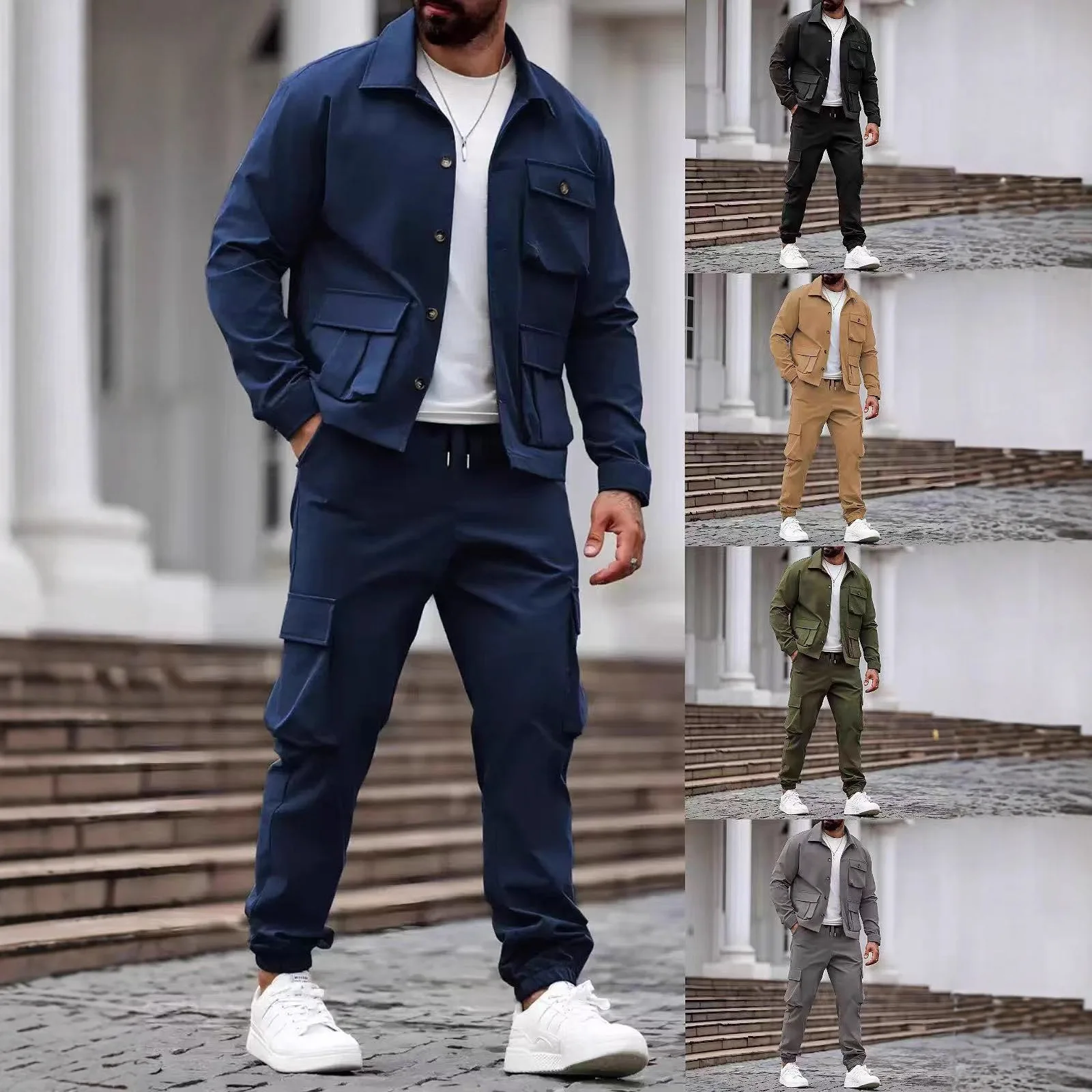 

2025 New Heavyweight Mens Workwear Jacket Pants Set Multi Pocket Outdoor Casual Sportswear Cargo Jogger Suit