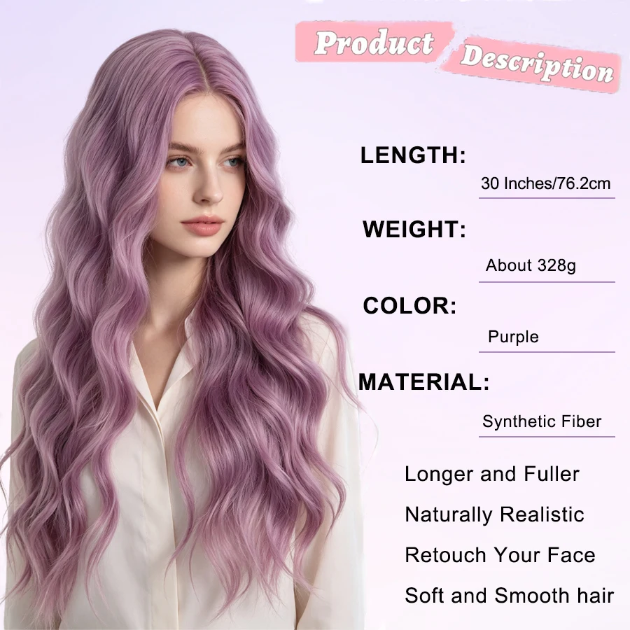 30 Inch Light Purple Wavy Lace Front Wig for Women, Fluffy Curly Heat Resistant Synthetic Wig, Daily Party Cosplay Costume Wig