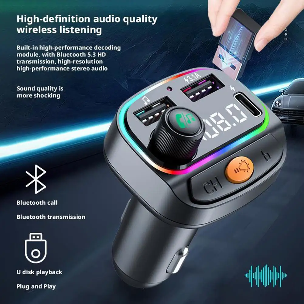 FM Transmitter Bluetooth 5.3 Hands-Free Car AUX Radio Fast MP3 Auto Charging Accessories Adapter Player Modulator With O8B9