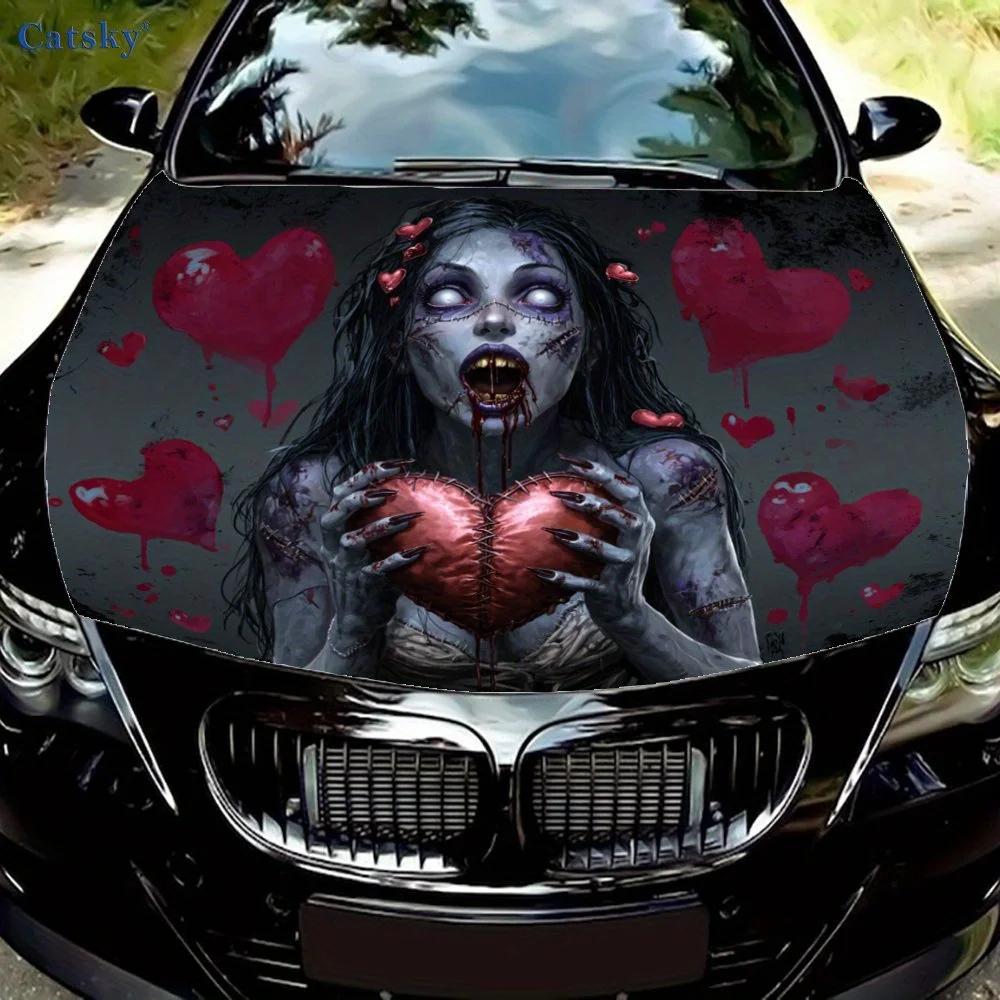 

Thrilling Style, Zombie with Bared Teeth, Gripping a Bloody Heart, Car Hood Creative Sticker, Trendy Body Modification Decal, wa