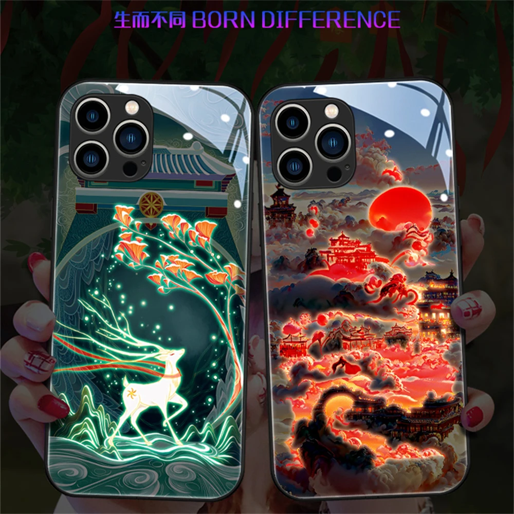 

Heavenly Palace Design Smart LED Light Glow Tempered Glass Phone Case For Samsung S24 S23 S22 S21 S20 FE Note 10 20 Plus Ultra