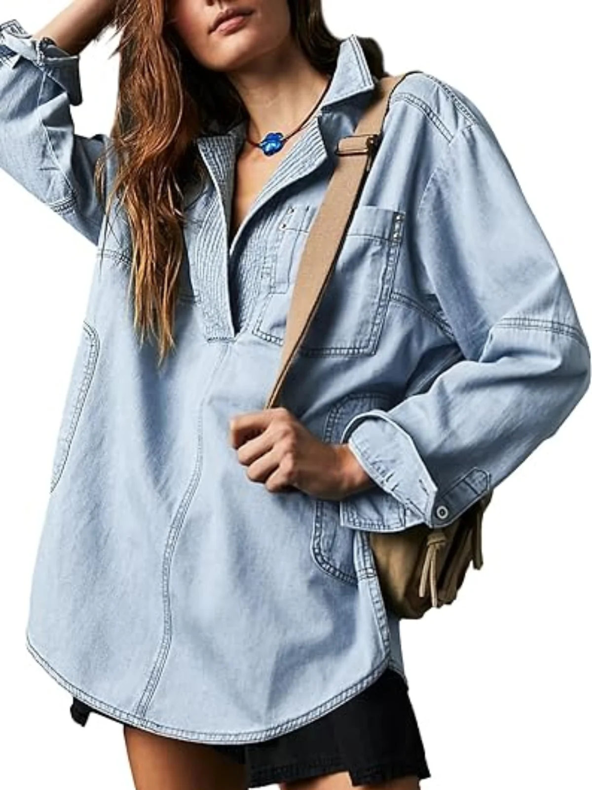 Fashion Women\'s Denim Shirt Casual Button V Neck Blouse Loose Fitting Long Sleeves Woman Jean Blouses And Shirts Top With Pocket