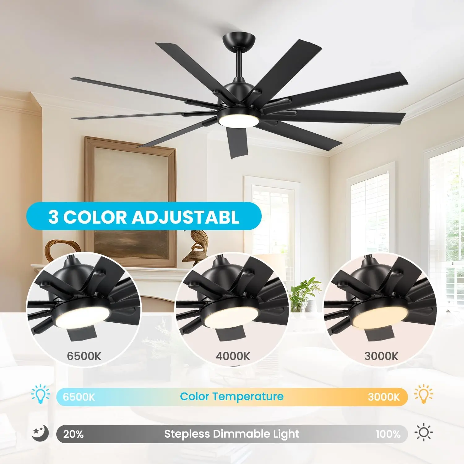 CJOY 72 inch Ceiling Fan with Light, Modern Black Ceiling Fans Remote Control, 9 Aluminium Blade, 6-Speed, Reversible DC Motor
