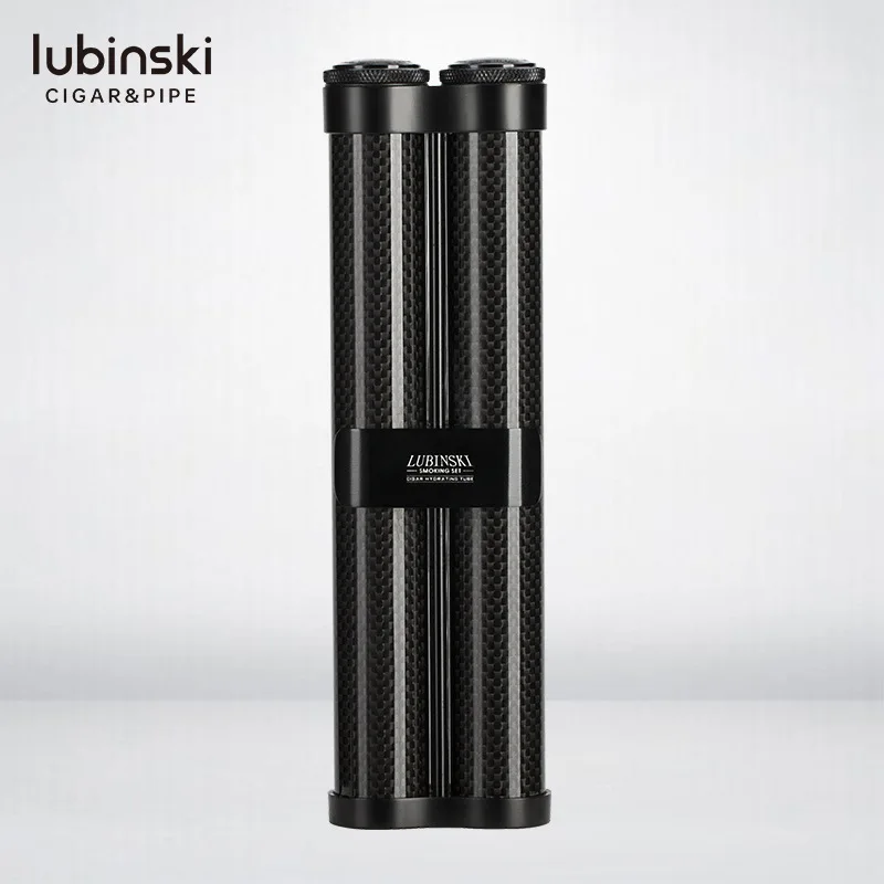 LUBINSKI Black Classic Carbon Fiber Cigar Box Travel Portable 2 Tube Cigar Case w Cigar Humidor Humidifier Smoking Accessories