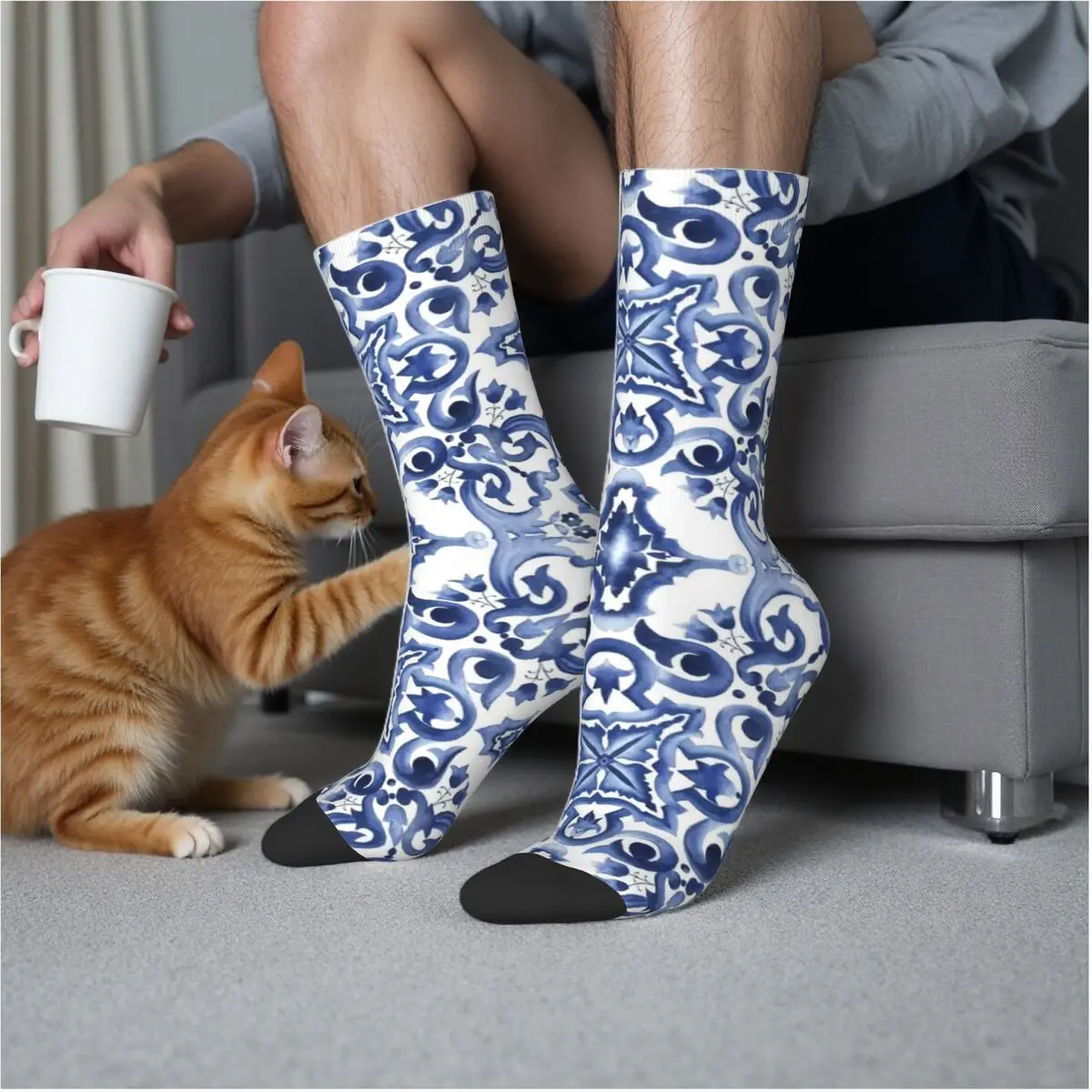

Blue Ornate Floral Mediterranean Sicilian Tile Socks Harajuku Super Soft Stockings All Season Long Socks Man's Birthday Present