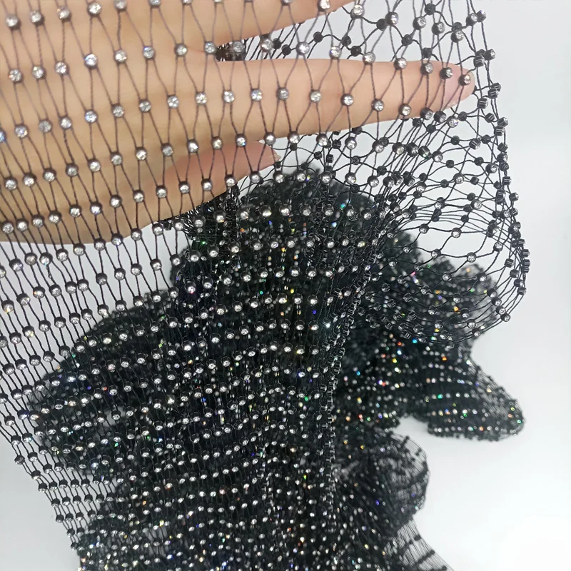 65X55cm Black Fishing Net Line Stone Crystal Rhinestone Connection Fabric 2023 Ins Hot Designer for DIY Dress Mask Decor