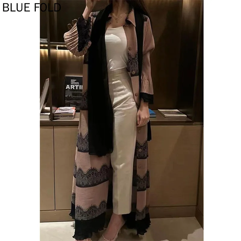 

MIYAKE-Pleated Lace Dress for Women, Lapel, Middle East, Long, Single-breasted, Button, Loose, Large Size, Elegant Robe, Autumn