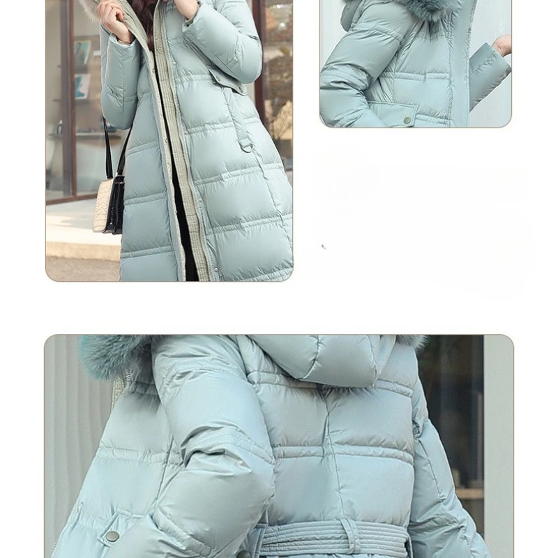 Winter New Down Cotton-padded Women's Plus Long Over-knee Big Fur Collar Slim and Thin Belt Hooded Women's Cotton-padded Clothes