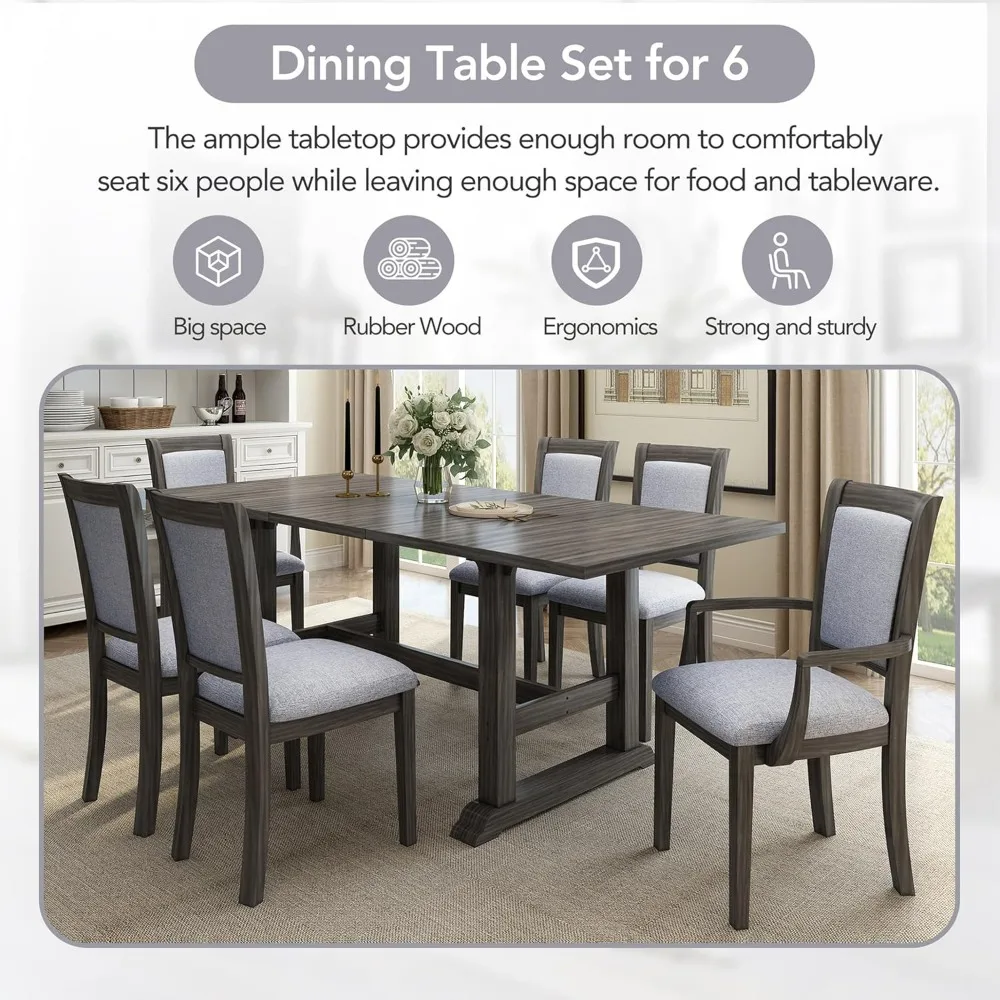 7-Piece Dining Table Set, updated Trestle Table with Removable Leaf, Kitchen Table Set with 6 Side Chairs and Armchairs