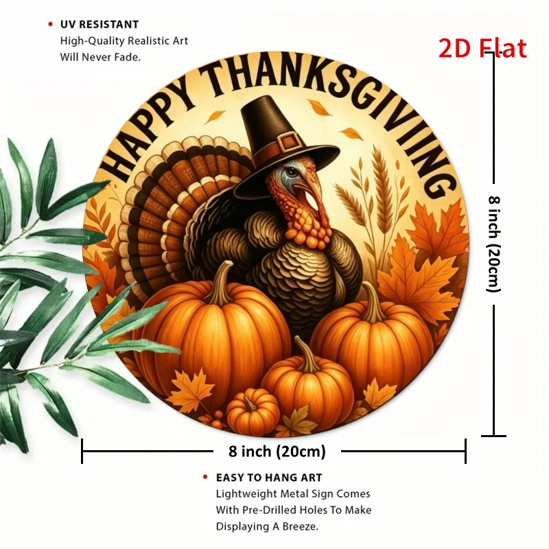 2D Flat, 1pc, Vintage Round Metal Tin Sign- Turkey Pumpkin Thanksgiving Sign, Suitable for Vintage Home D Cor and Office Wall De