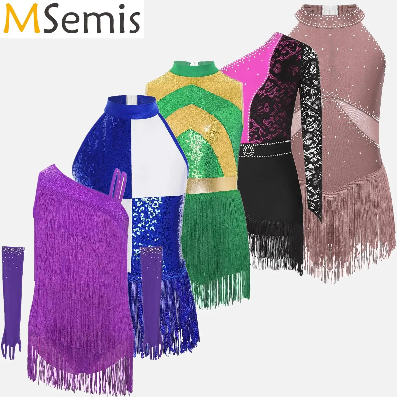 

Kids Girls Sequins Gymnastics Ballet Leotard Costume Tiered Tassels Modern Ballroom Salsa Latin Dance Performance Bodysuit Dress