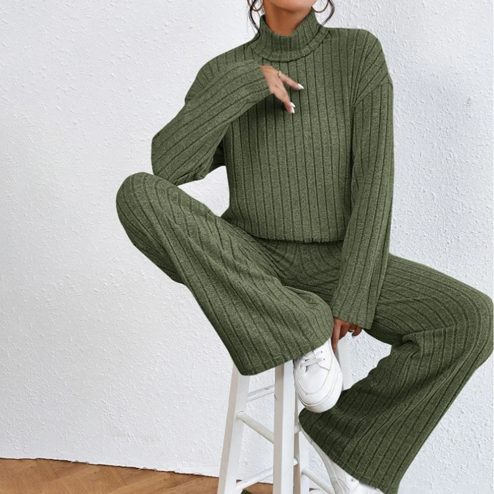 

2024 Women's Matching Sets Casual High Collar Knitted Long-Sleeved Sweater Tops Loose Wide Leg Pants Two-Piece Suit