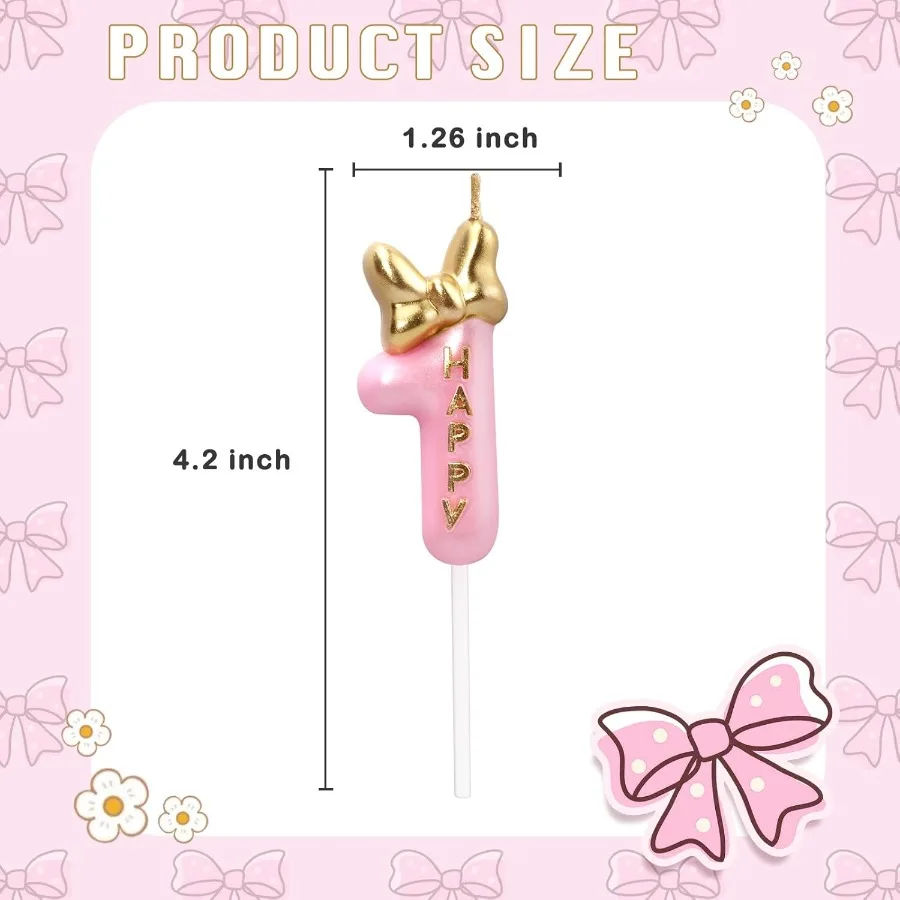 Birthday Number Candles Pink and Golden Bowknot Birthday Candles for Cake Glitter Number 1 Candle Cake Topper Decoration for Bo