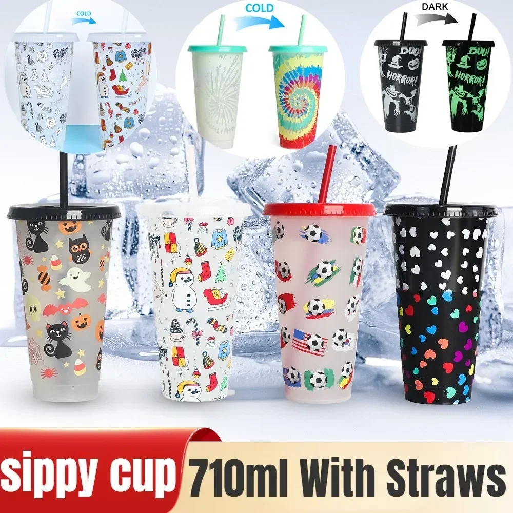 

710ml Reusable with Straws Creative Water Cups Changing Colour Cup Magical Plastic Cold Water Color Changing Cup for Halloween