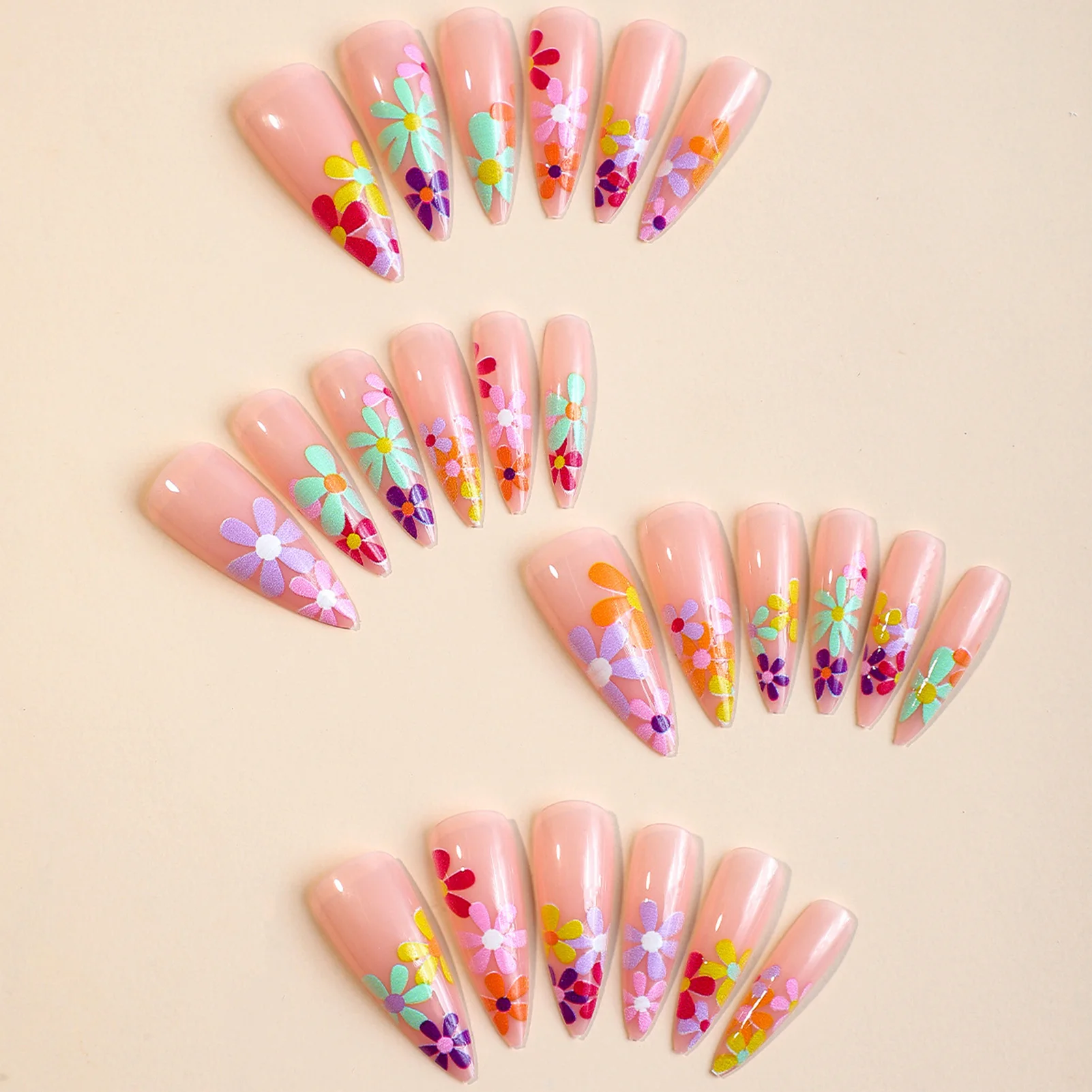 Colorful Flower Almond Fake Nails Soft & Flexible No Pressure on Nail Beds Nails for Easily Gardening House Working