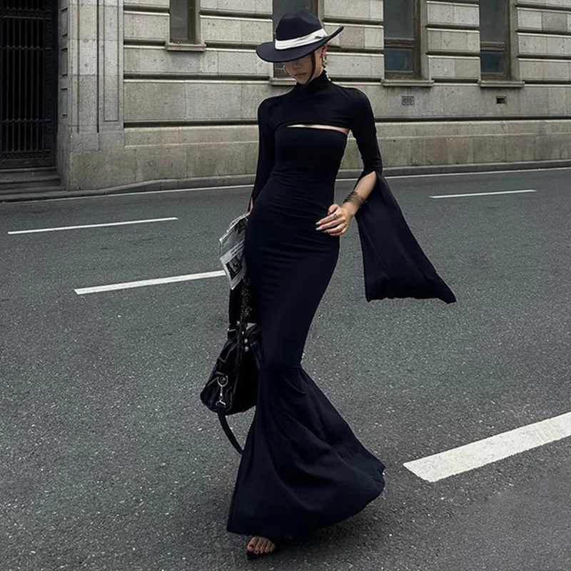 MEXZT Elegante Zwarte Lange Jurk Vrouwen Party Prom Sexy Hollow Out Slit Maxi Jurken Coltrui Gewaad Lange Mouw Bodycon vestidos