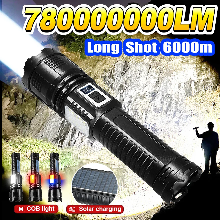 

NEW 780000000LM Powerful LED Solar Flashlight Rechargeable Long Shot 6000m Tactical Torch Outdoor Fishing Camping Lantern