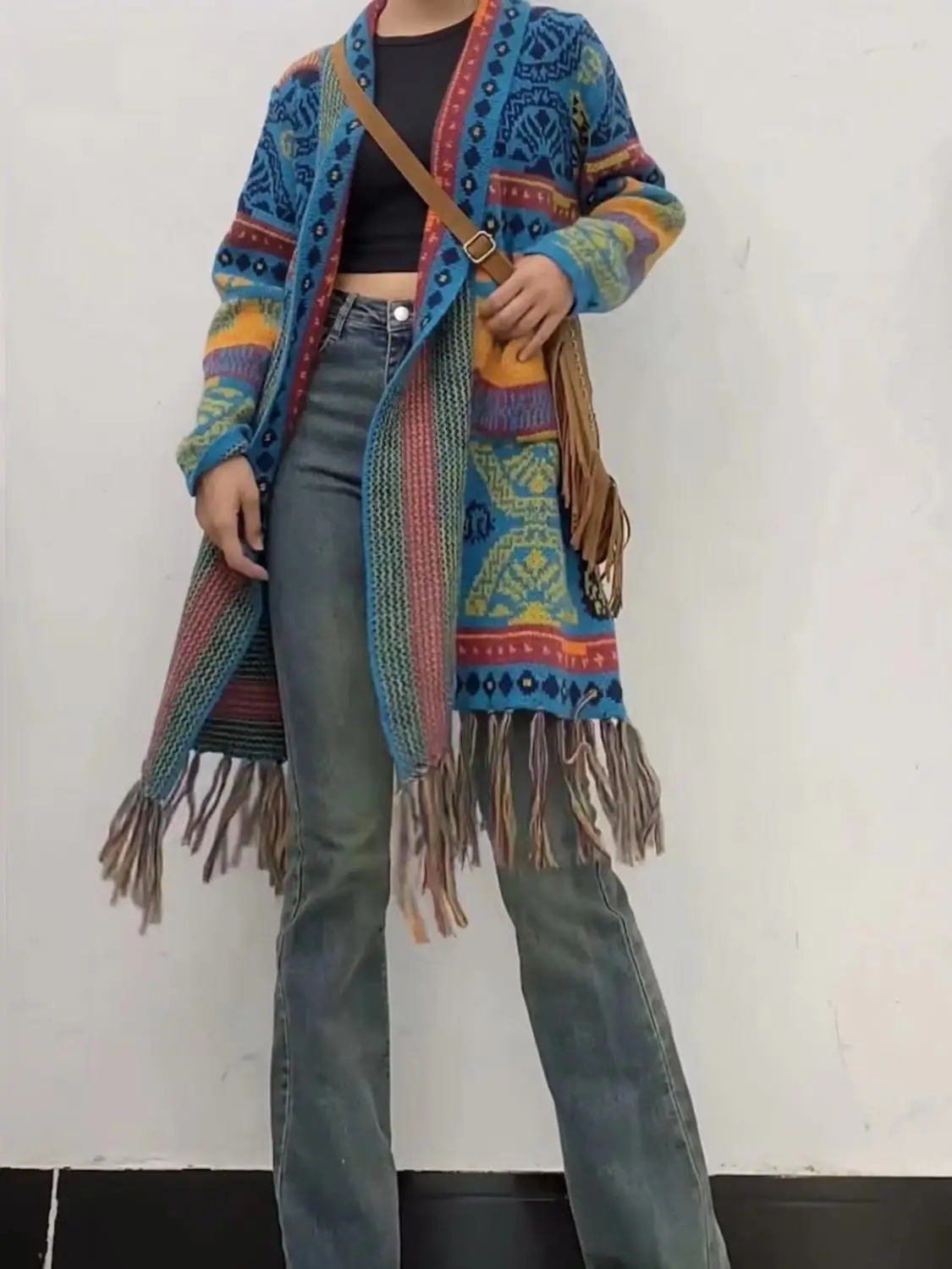 Women's Ethnic Knit Cardigan Spring Fall Fringe Hem Geometric Jacquard Thickened Warm Oversized Loose Mid-length Sweater Coat