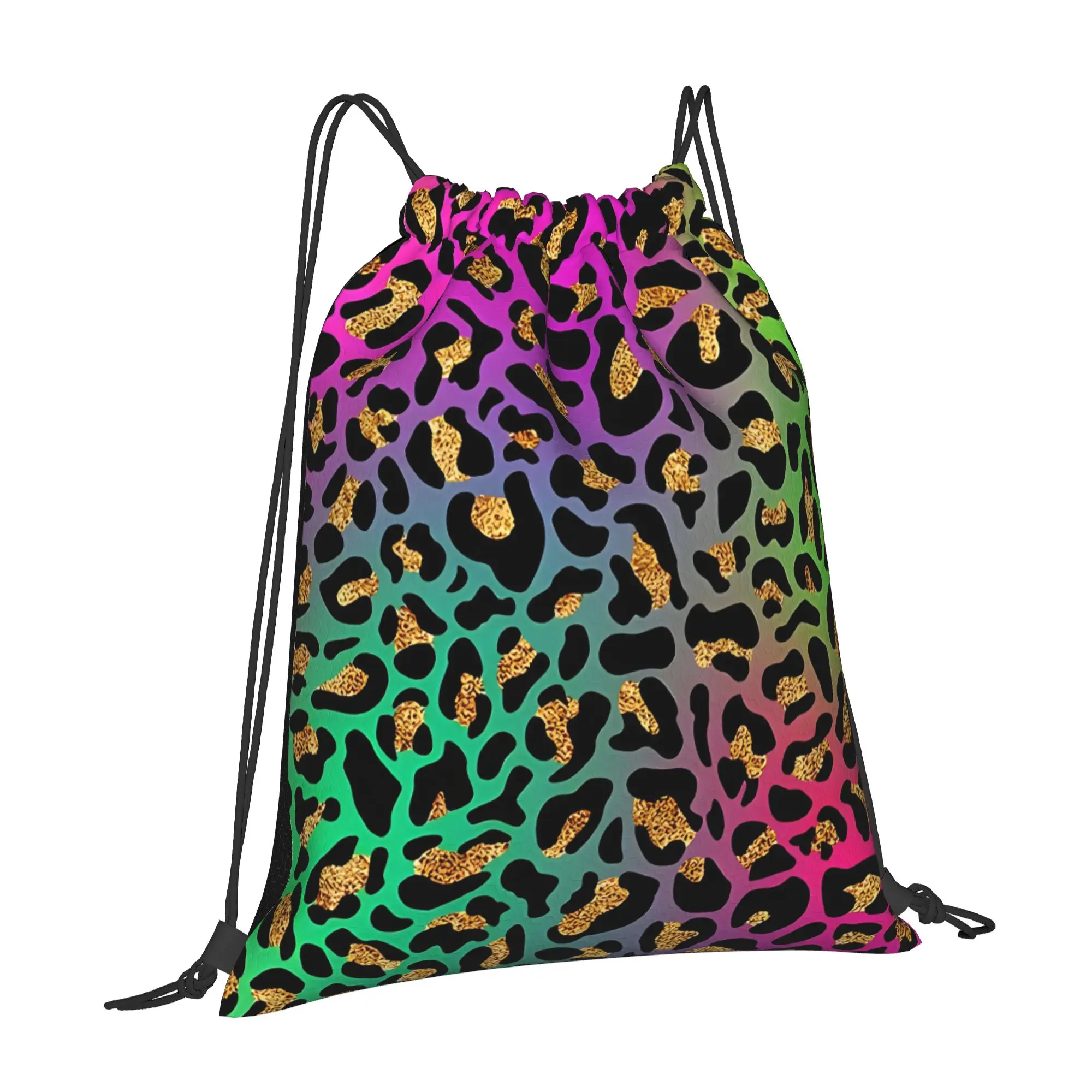 Neon Rainbow Leopard Animal Print V2 Leopard Print Drawstring Bags Shopping Unisex Storage Organize Bundle Pocket Rope Bag