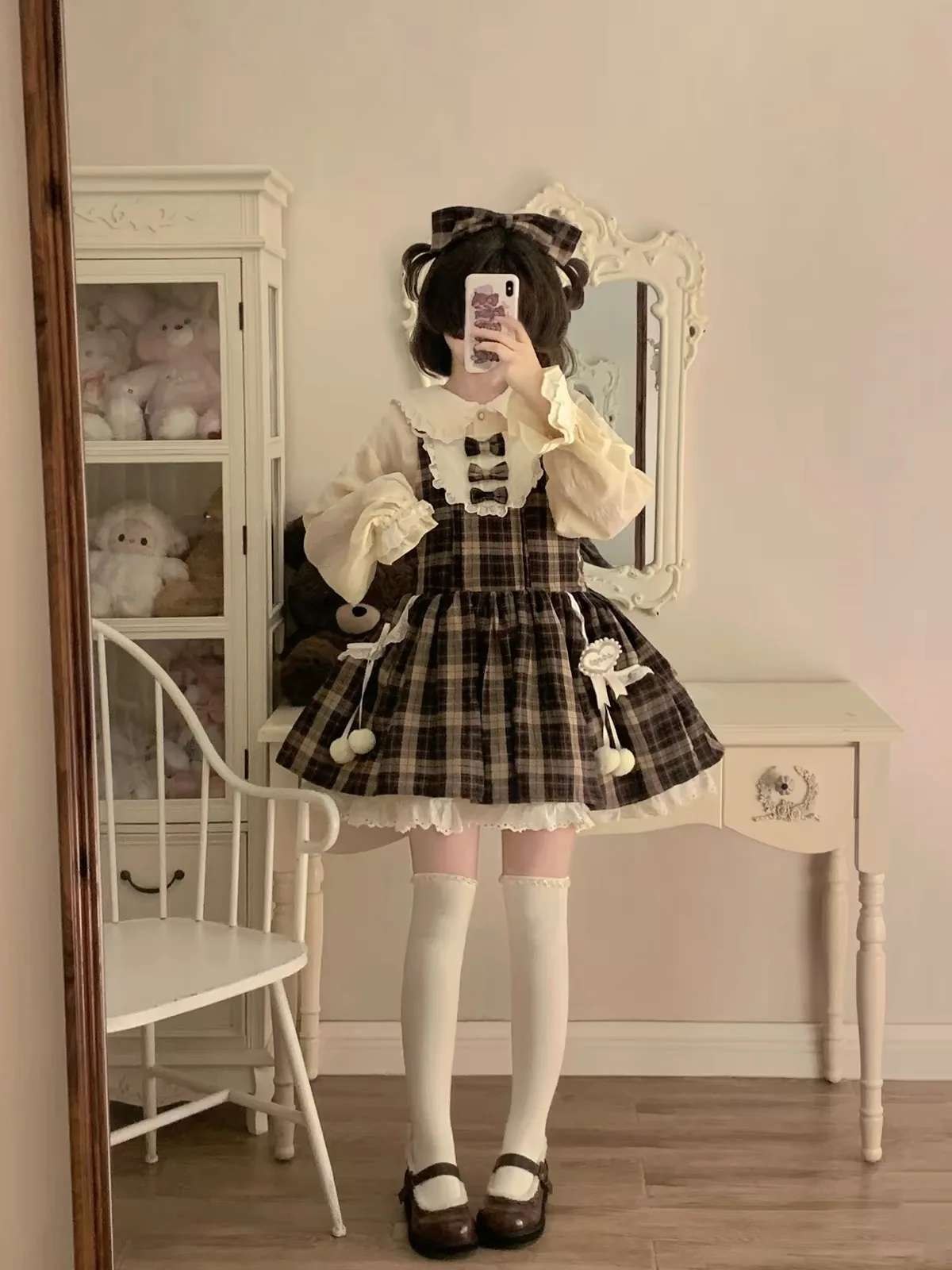 Princess Style Lolita Dress Set for Women Sweet Lightweight Doll Collar Top And Overalls Two Piece Set Autumn Winter Fashion
