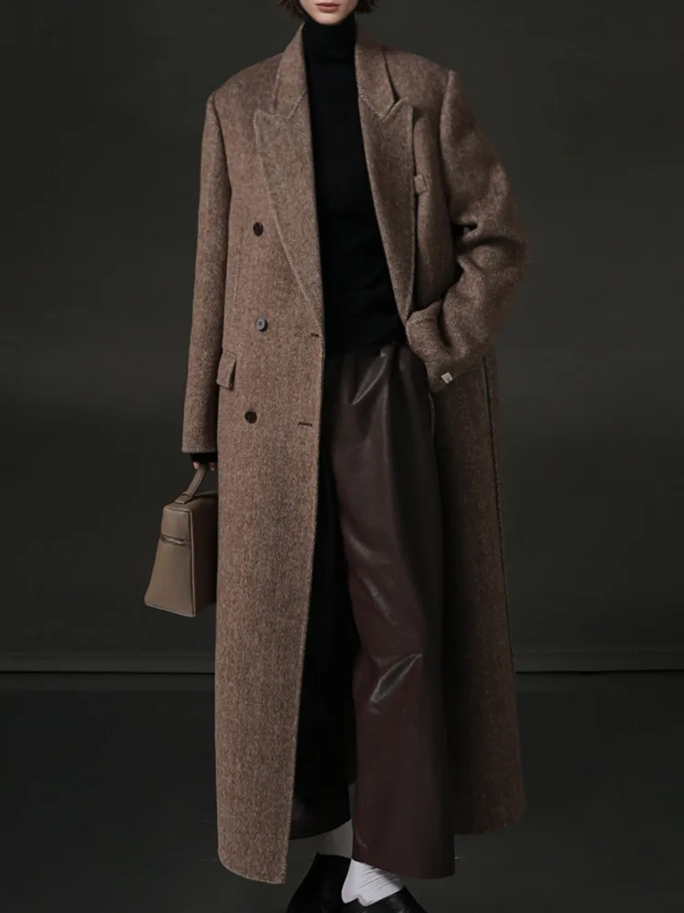 معطف نسائي طويل بني مزدوج الصدر من ZMEENNA معطف طويل برباط ذاتي وحزام من مزيج الصوف مناسب ملابس خارجية شتوية ZM4533